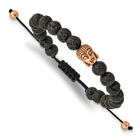 Primal Steel Stainless Steel Polished Rose IP-plated Lava Stone Buddha Adjustable Bracelet