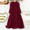 thumbnail image 2 of THDHVS Linen Dress,Dresses for Women,Plus Size Women V Neck Long Sleeve Dress Crinkle Texture Button Front Midi Wine, 2 of 6