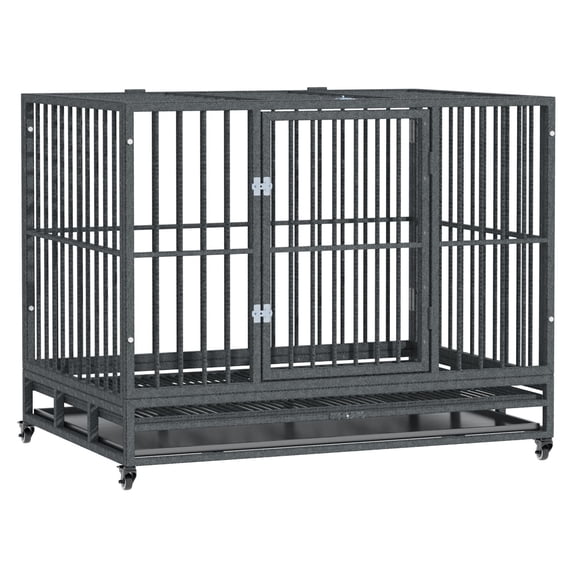 43" Dog Crate Heavy Duty Metal Cage Kennel with Wheels & Tray, Grey