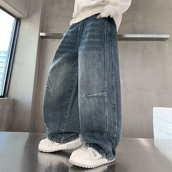 MAIHAN Y2k Jeans Baggy Jeans for Boy Stylish Wide Leg Skater Jeans Loose Fit Denim Pants Streetwear Casual Trousers with Reinforced Knees(Light Blue,7_8 Years)
