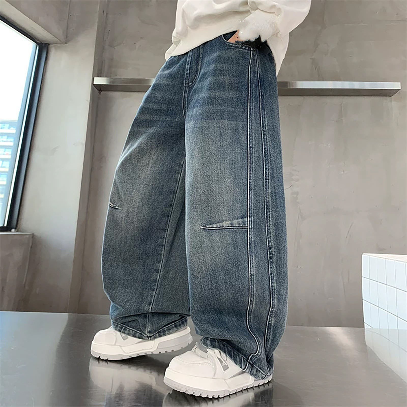 RUTAYY Children Boys Denim Pants Solid Color with Pockets Jeans Comfortable Stretch Casual Bottom with Reinforced Knees Everyday Wear Vacation Playful Trousers