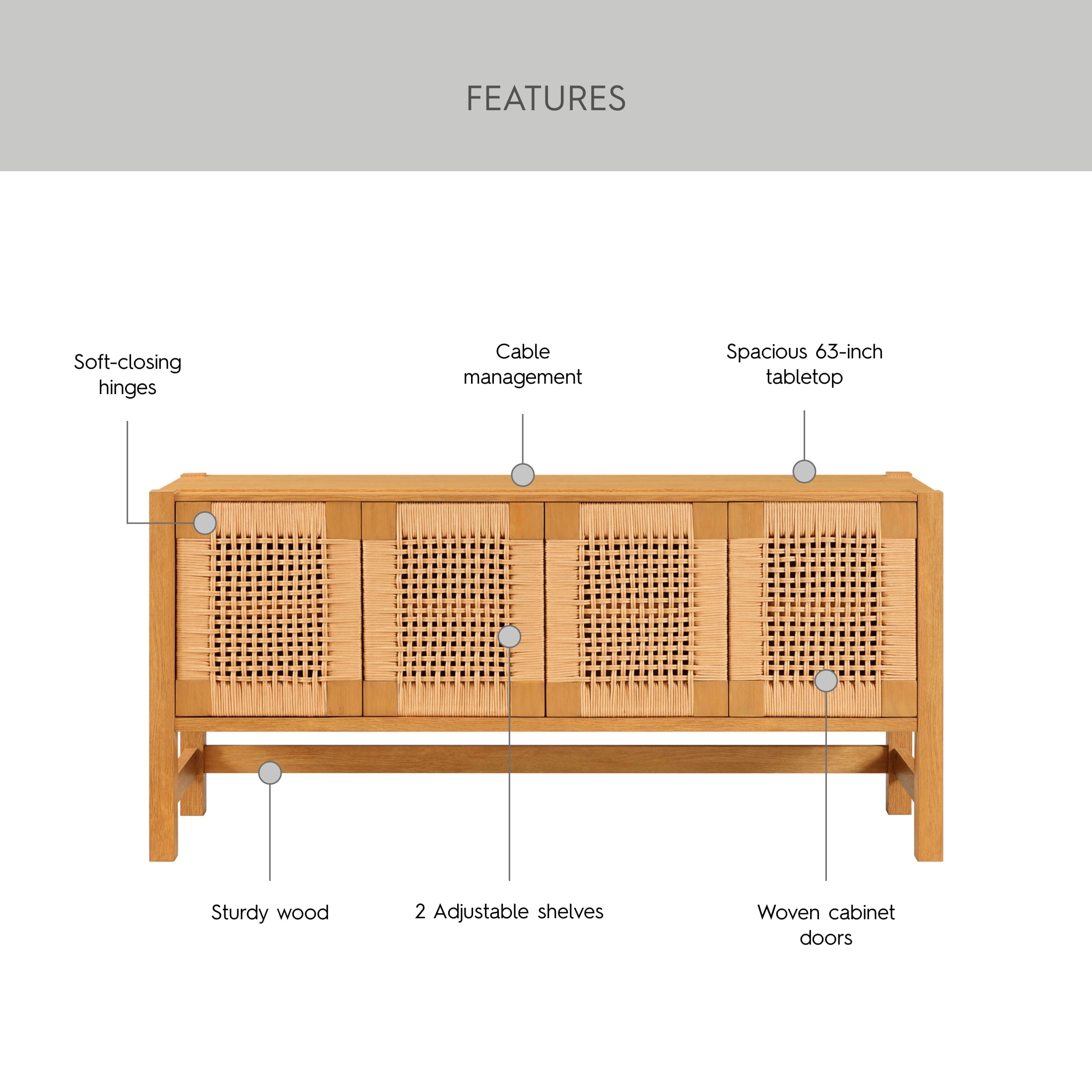 Better Homes & Gardens Vista Woven Coastal TV Stand for TVs up to 65", Light Honey
