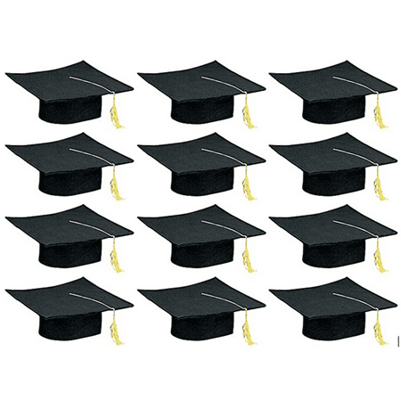 Childs' Graduation Caps, Black, Hats for Graduation Ceremony, 12 Felt Caps with Gold