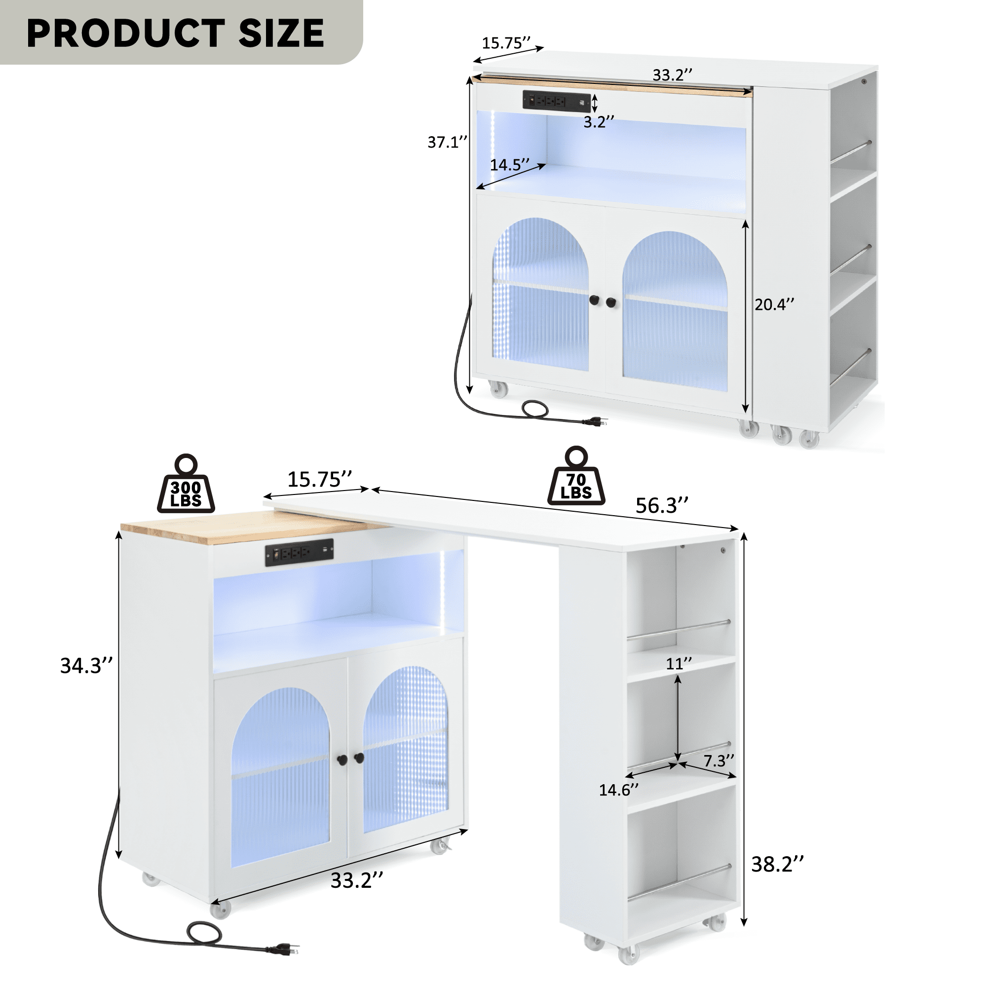 Aukfa Rolling Kitchen Island with Extended Table, LED Lights & Power Outlets,White