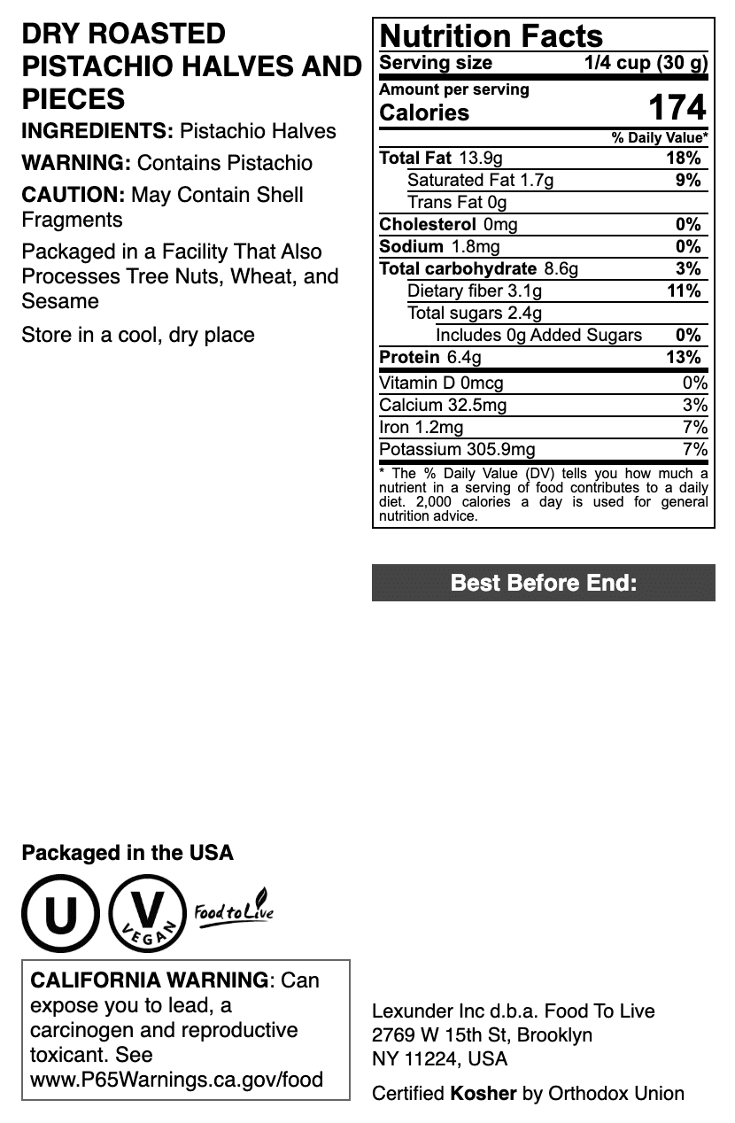 Dry Roasted Pistachio Halves and Pieces, 1 Pound – Unsalted. No Shell. Keto, Paleo Friendly Snack. Kosher. Vegan. Nuts in Bulk.
