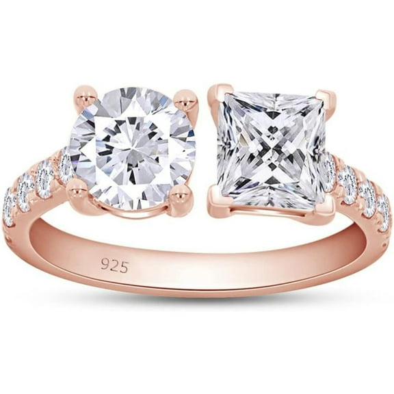 925 Sterling Silver 14K Rose Gold Plating Princess & Round Cut White Diamond Toi Et Moi Half-Eternity Engagement Ring For Women