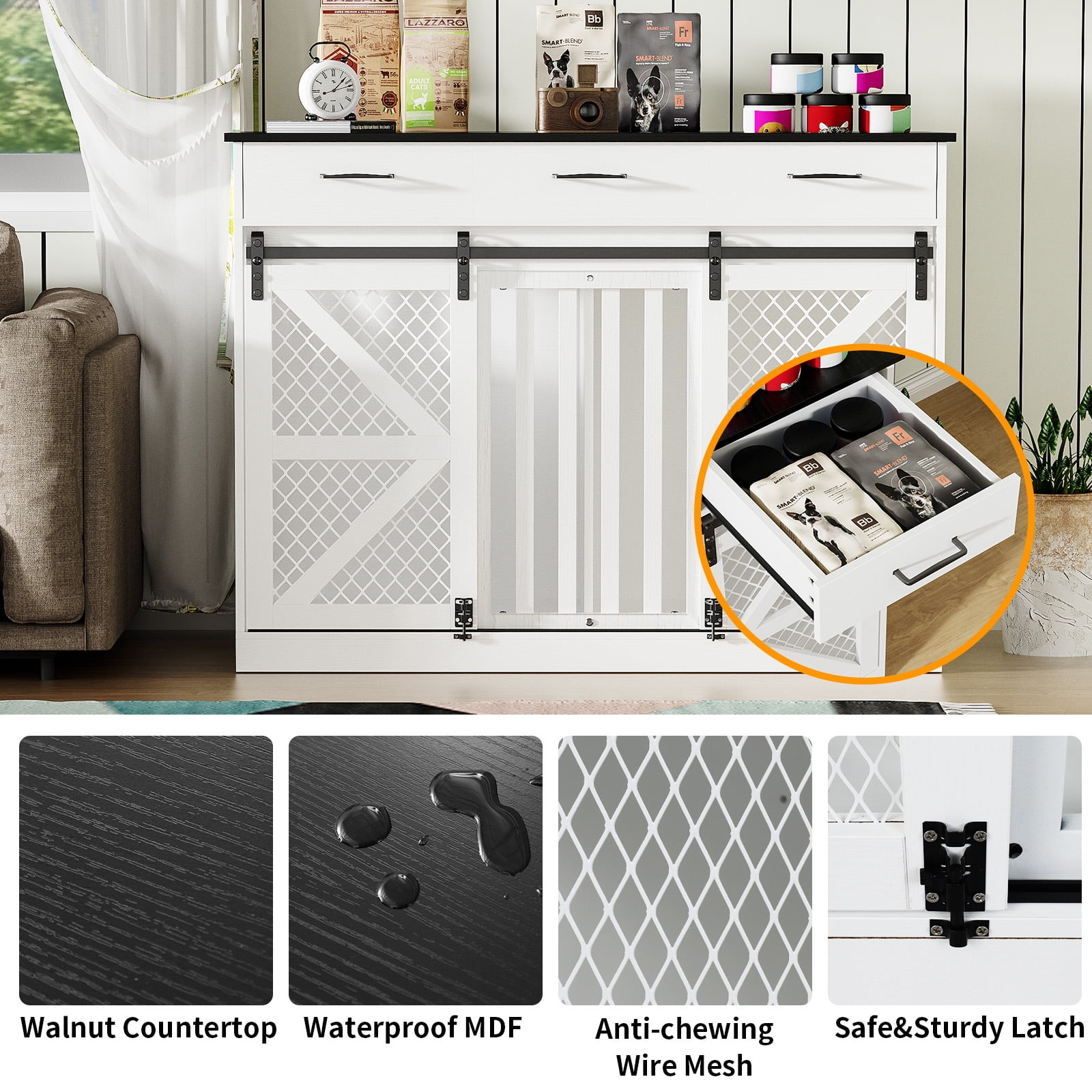 Casendy Dog Crate Furniture with Adjustable Divider for 2 Dogs, Heavy Duty Dog Kennels with 3 Drawers and Sliding Doors, Media Console Dog Cage for Living Room, White