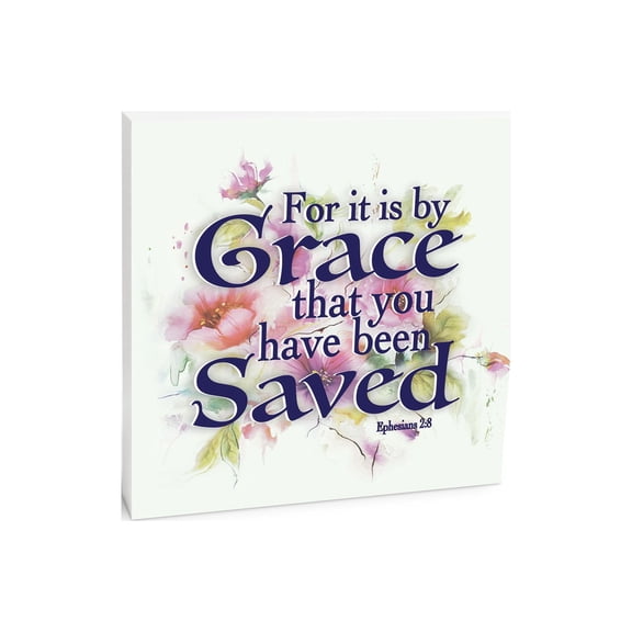 By Grace Saved Pale Mint Purple Floral 10 x 10 Wood Tabletop Sign Plaque