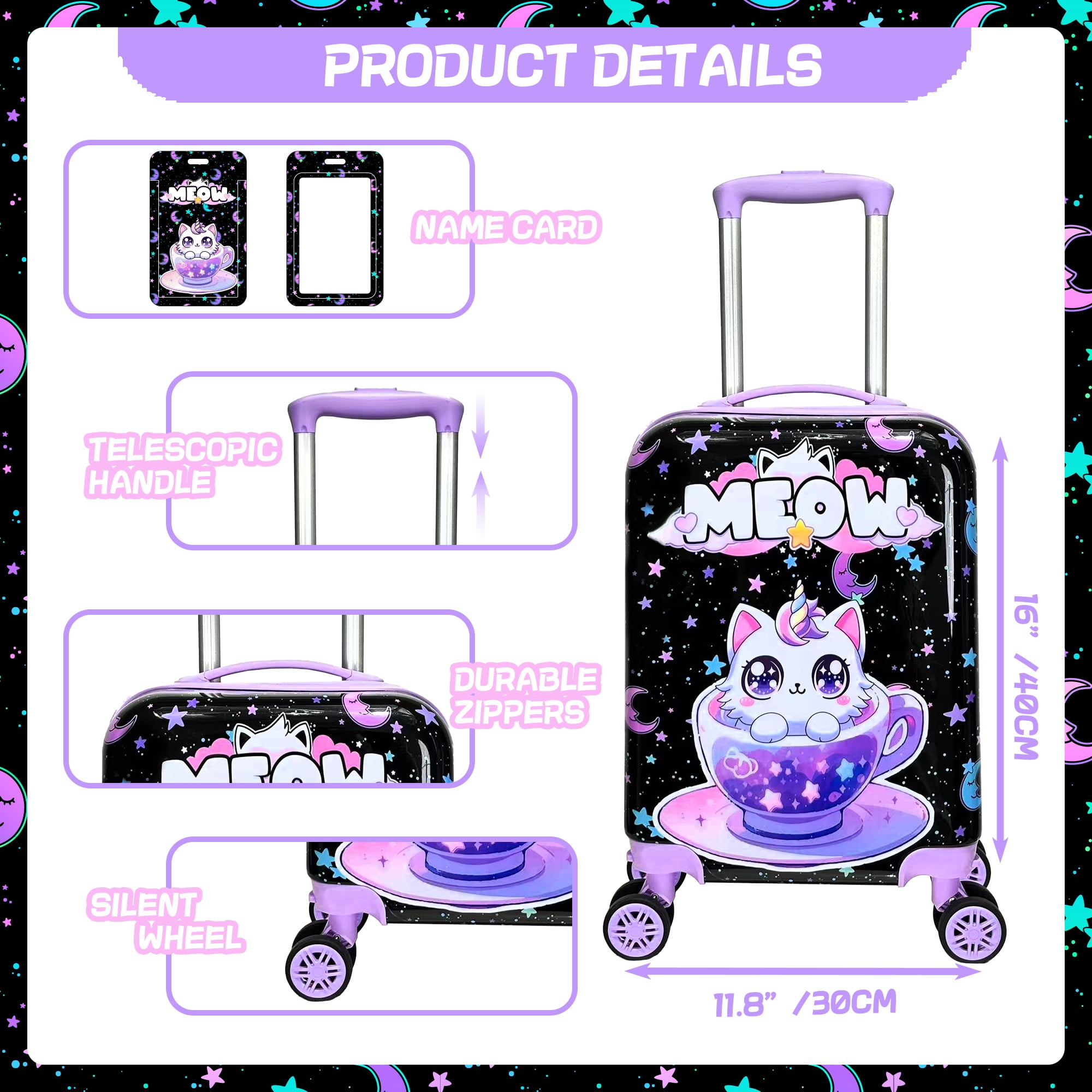 Kids Carry on Luggage Sets for Girls Rolling Small Suitcases with Wheels Travel Essentials for Kids with Travel Pillow 16 Inch Purple Cat