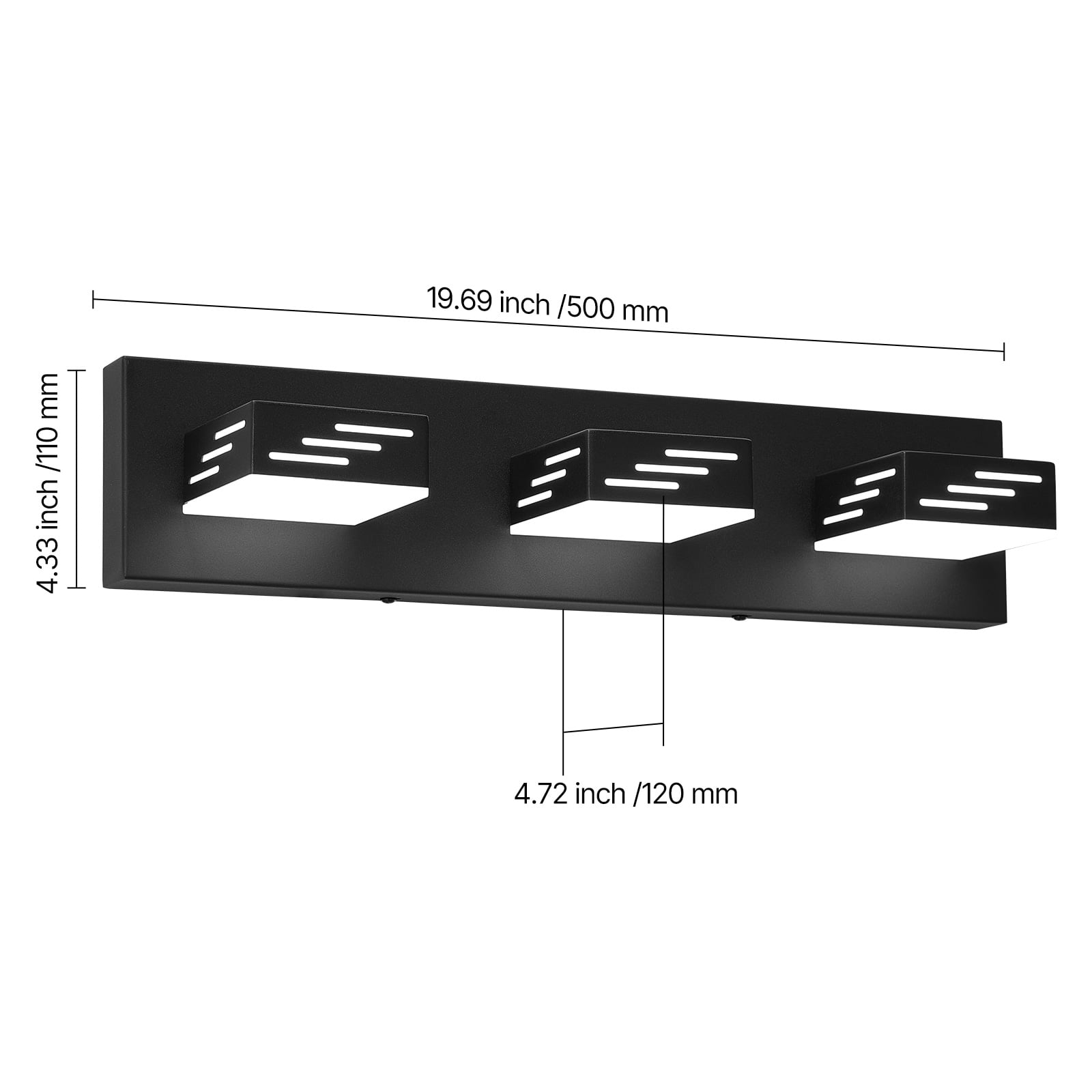 KFFKFF 3-Light LED Modern Vanity Light Fixture, 19.69-Inch, Black Finish Wall Lighting for Bathroom, Living Room, Bedroom, Hallway, Cool White 6000K with IP44 Waterproof Design