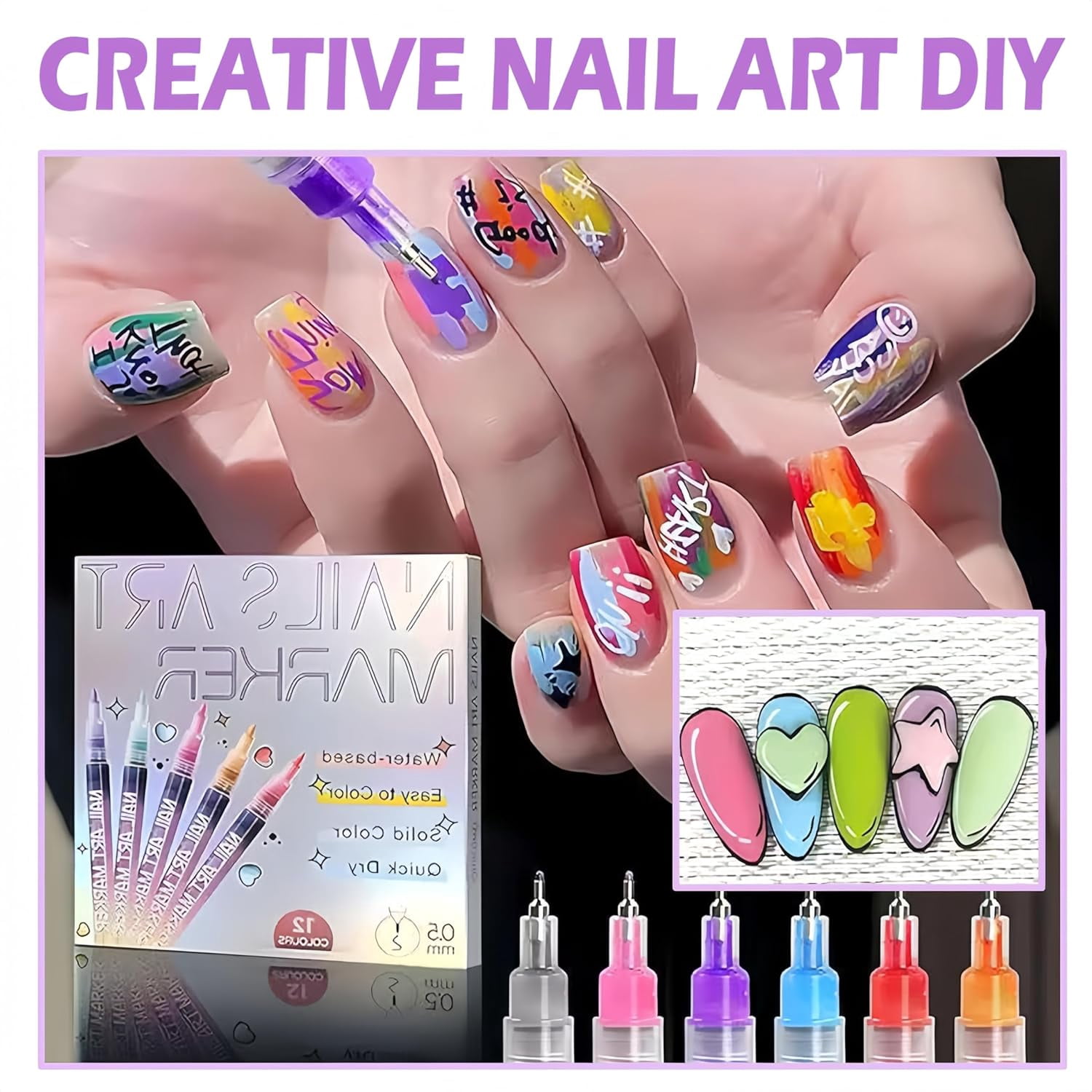 12 Colors Nail Art Pens Set, 3D Nail Polish Markers with Quick-Dry Dotting & Liner for DIY Drawing Painting