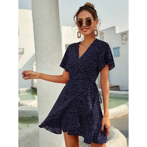 Navy Blue Polka Dot Side Wrap A-Line Short Dress With V-Neck And Flared Ruffle Sleeves For Women