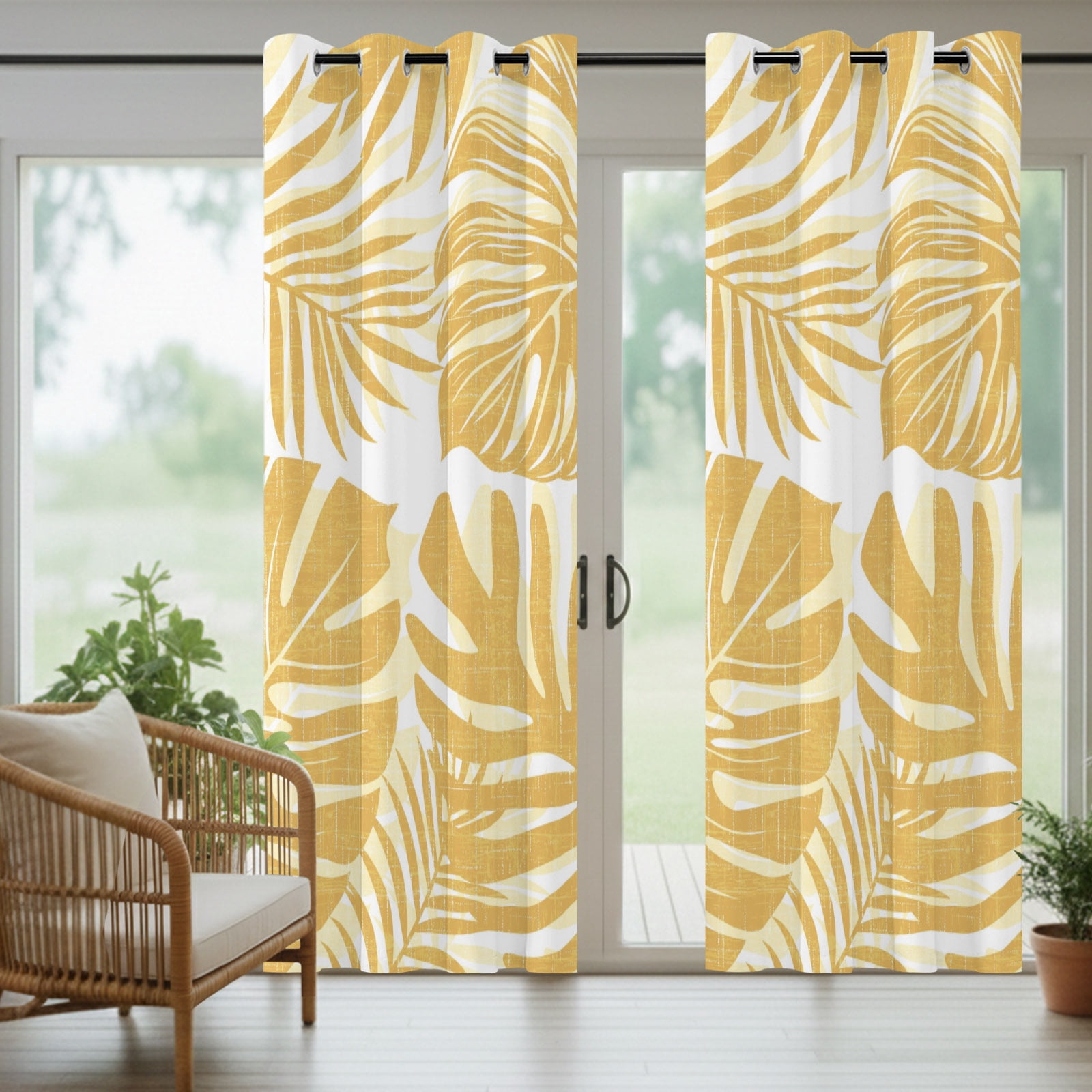 Yellow Palm Leaves Outdoor Curtains for Patio, Tropical Botanical Minimalist Modern Sunshade Privacy Drapes Grommet Waterproof Outside Curtains for Porch/Cabana/Balcony 54"x 108", 1 Panel