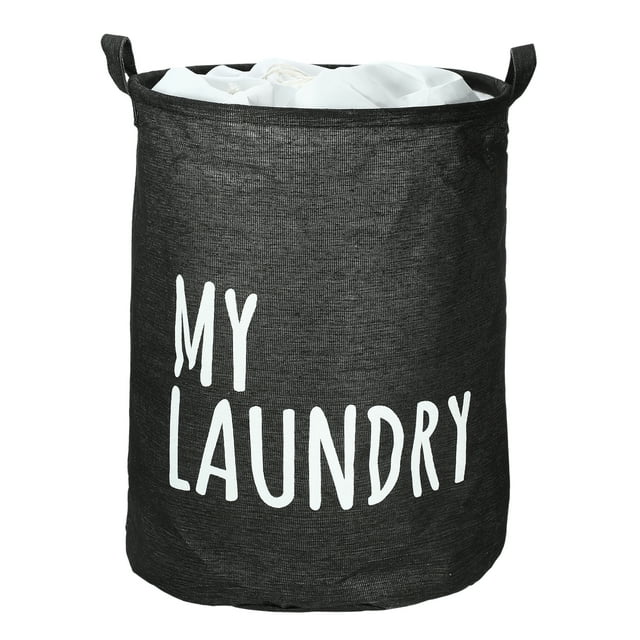 Cesta de lavandería plegable, cesta de lavandería con cierre de cordón y asa, cesta decorativa alta para la colada para dormitorio, baño, negro, 13.78 x 17.72 pulgadas