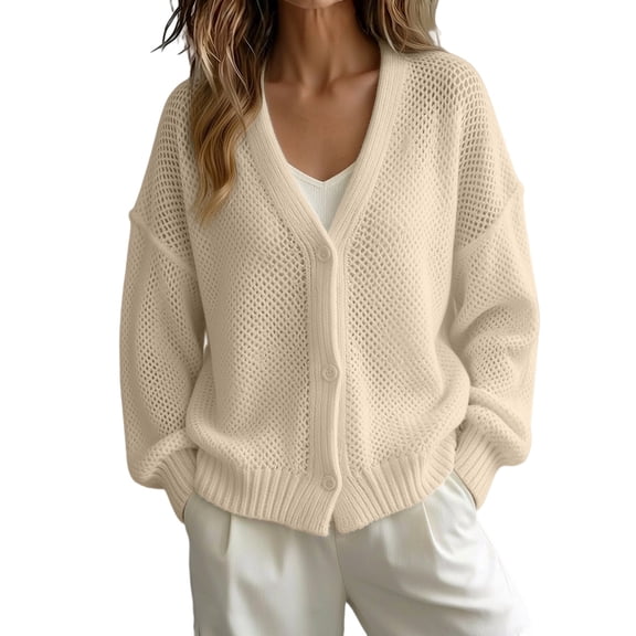 LEKODE Women Solid Cotton Mesh Hollow Knit V Neck Button Down Long Sleeve Ribbed Cuffs Relaxed Fit Casual Summer Layering Knit Cardigan Outerwear Beige L