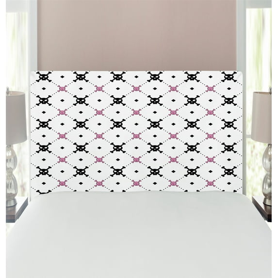 Skull Headboard, Girly Skull and Crossbones Checkered Pattern Simple Design Image, Upholstered Decorative Metal Bed Headboard with Memory Foam, Twin Size, Pale Pink White Black, by Ambesonne