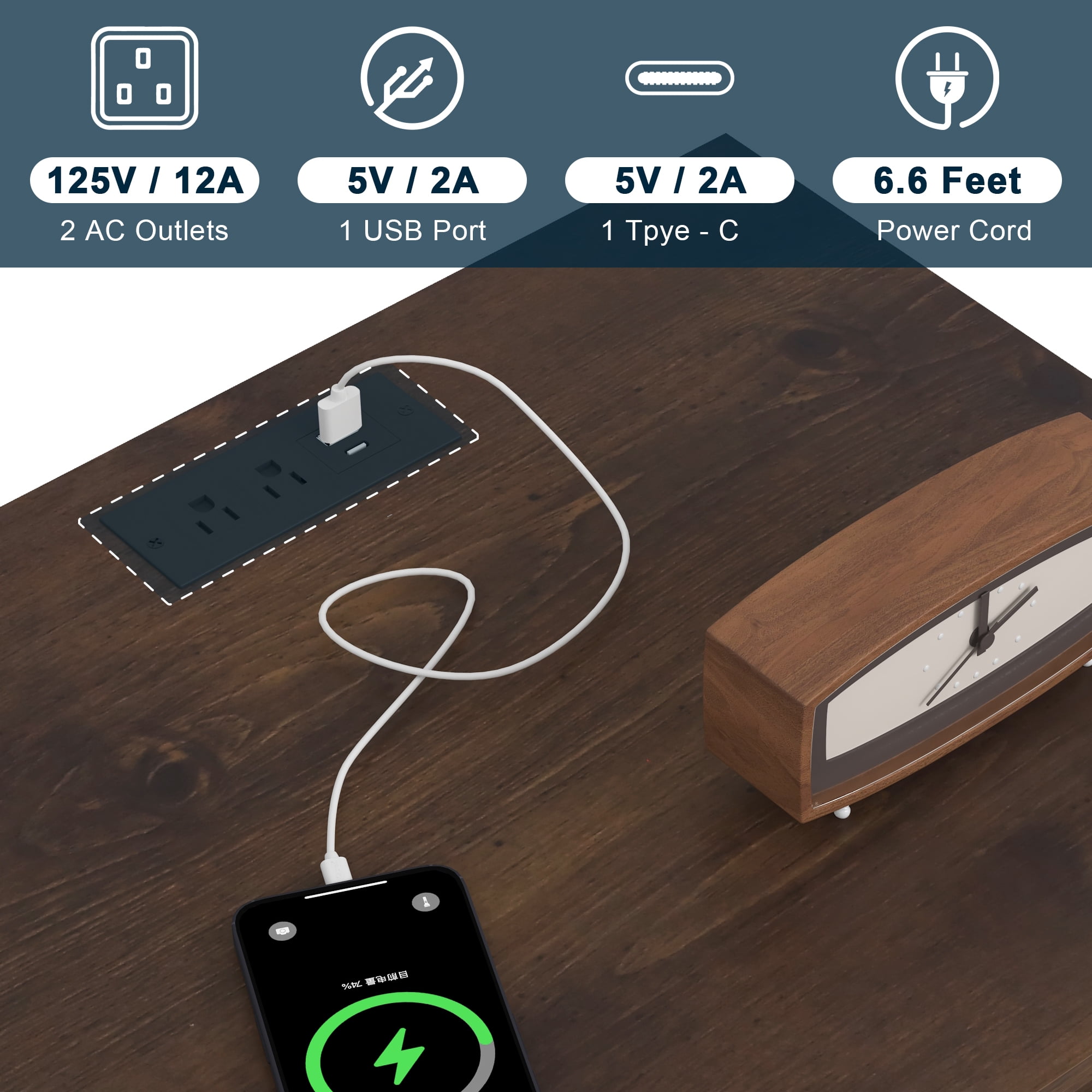 Demi Bonn 18.9" Side Table with Fast Charging Station USB C Cable Fast Charging, Wood End Table Nightstand with Drawer and Shelf for Living Room, Brown