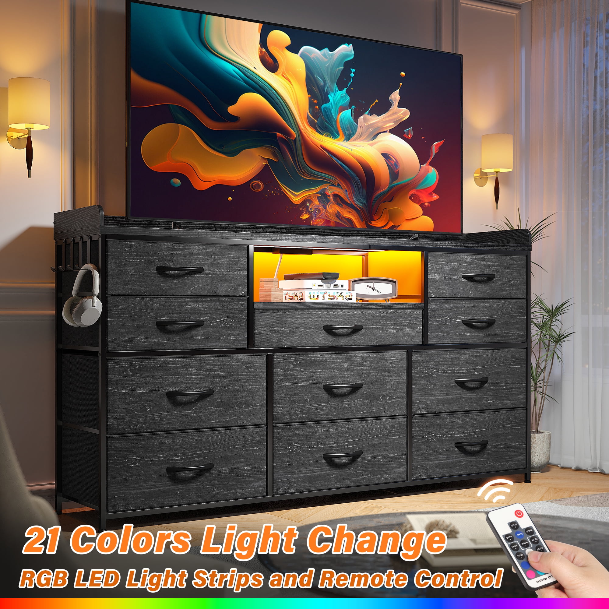 EnHomee Black Dresser with 11 Drawers Dressers for Bedroom TV Stand for 55" TV LED TV Stand with Charging Station Long Dresser with Shelves&4 Hooks,Black