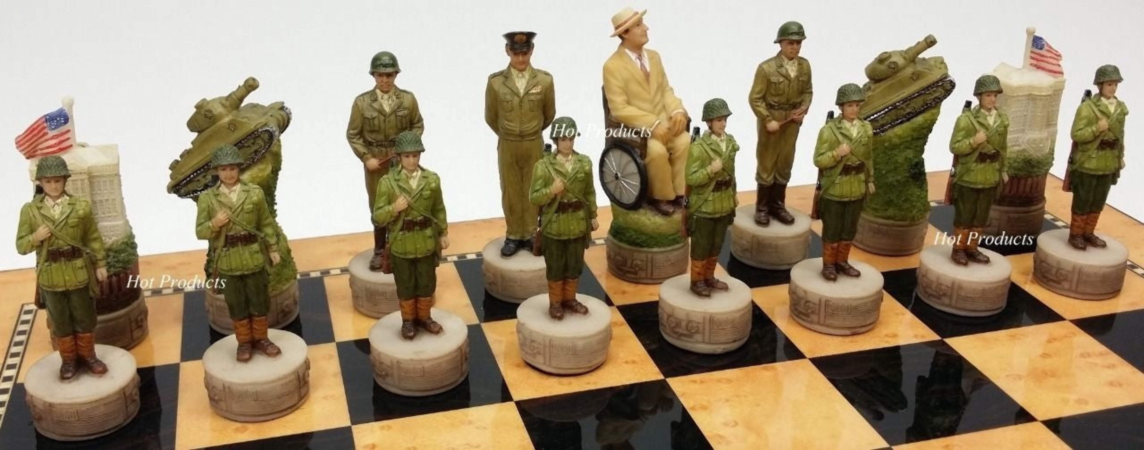 WW2 US GERMANY Chess Set W/ 15" WALNUT  BIRDSEYE MAPLE COLOR BOARD World War 2