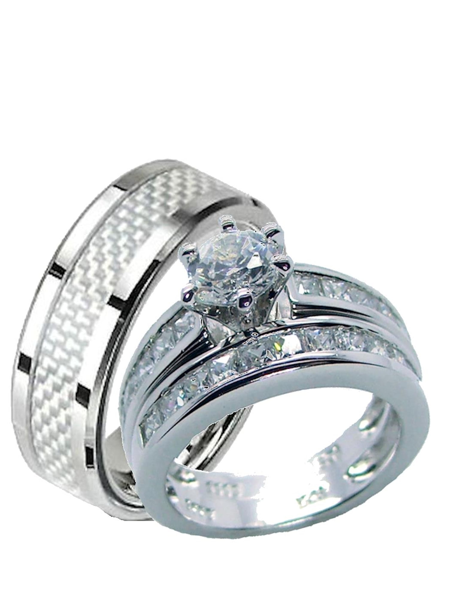 His Her 925 Sterling Silver White Rhodium Wedding Ring Bridal Band Set His Her 925 Sterling Silver White Rhodium Wedding Ring Bridal Band Set