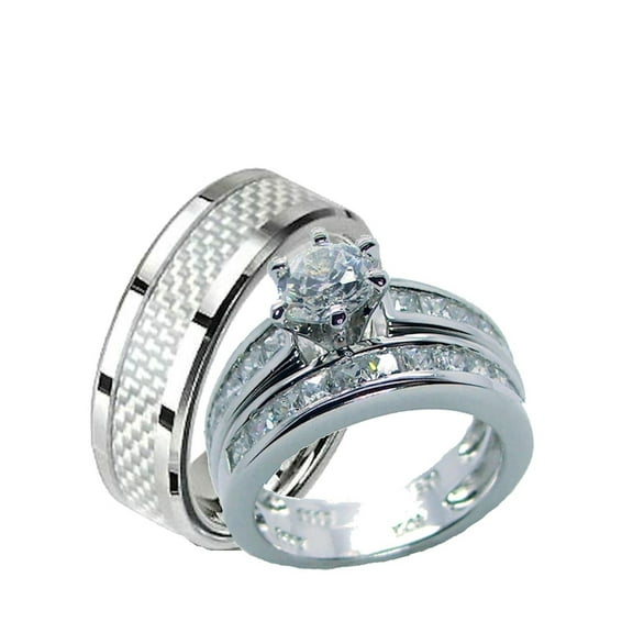 His Hers Sterling Silver and Stainless Steel Wedding Set