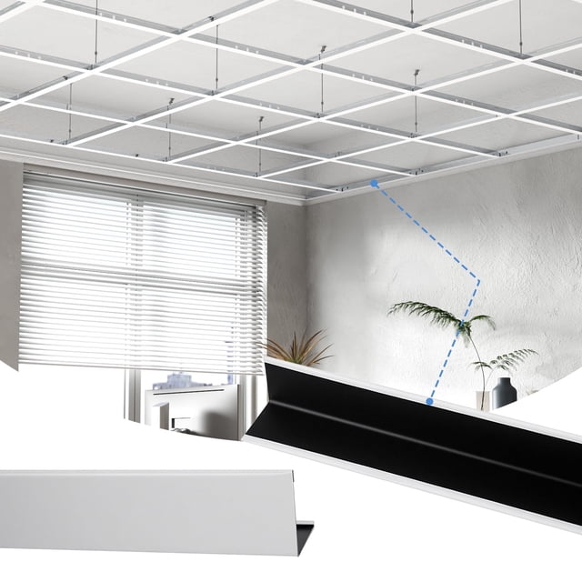 LooYee 50 Pack 72 Inch Wall Molding Trim Drop Ceiling Grid, 6 Ft Galvanized Steel, Ceiling Grid Cover for Basement Living Room Garage Kitchen Bathroom White Perimeter, Cover 300 Sq.Ft