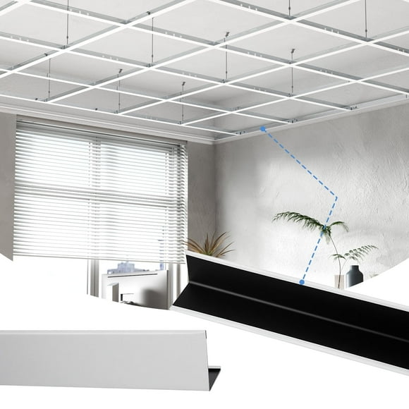 LooYee 50 Pack 72 Inch Wall Molding Trim Drop Ceiling Grid, 6 Ft Galvanized Steel, Ceiling Grid Cover for Basement Living Room Garage Kitchen Bathroom White Perimeter, Cover 300 Sq.Ft