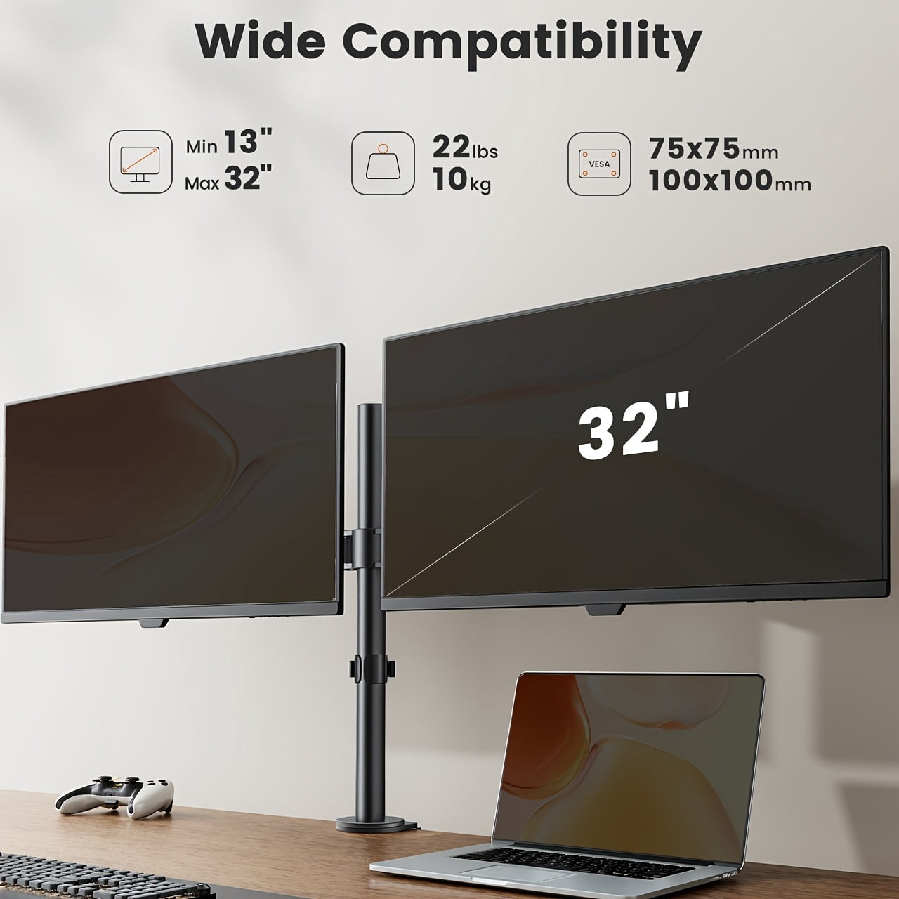 Heavy Duty Dual Monitor Stand for 13-32 Inch Screens, Fully Adjustable Desk Mount with C-Clamp/Grommet, 45° Tilt 360° Rotation, VESA 75/100, Holds 17.6lbs per Arm, Black