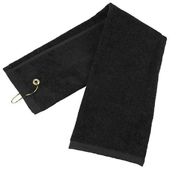 Black 100% Cotton Golf Towel Tri-Fold with Grommet & Hook for Golf Bag