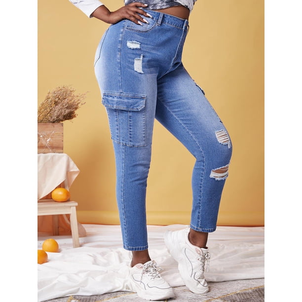 Bolsillos de talla grande jeans rasgados Rosegal Vaqueros de talla grande
