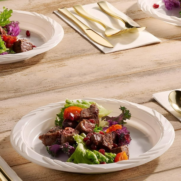 9 Inch White Plastic Plates 200 Bulk Pack Disposable Plates for BBQ Party Dinner Travel and Events Microwavable Recyclable