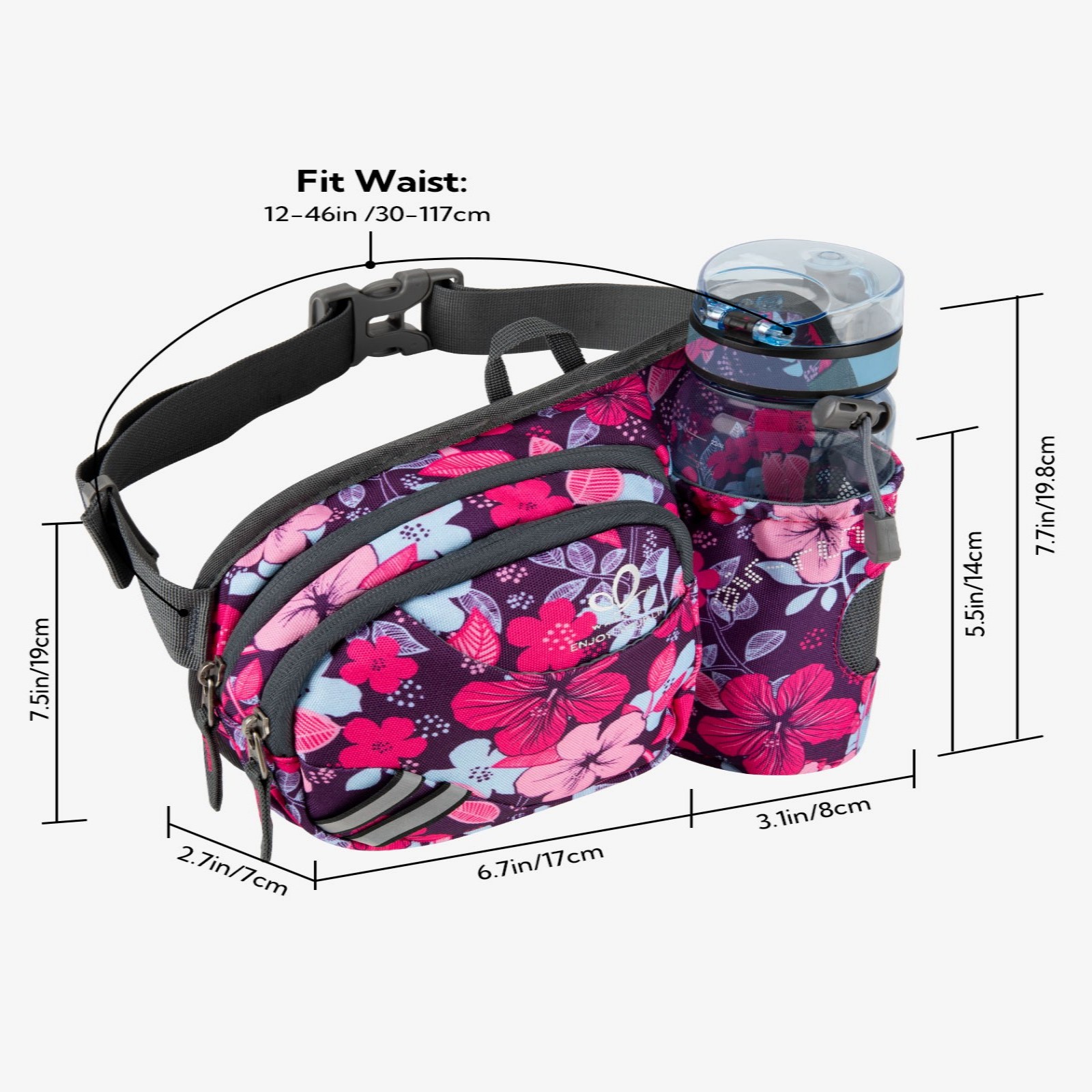 WATERFLY Unisex 3.5L Nylon Fanny Packs with a Water Bottle Holder Travelling Hiking Walking,Purple flowers
