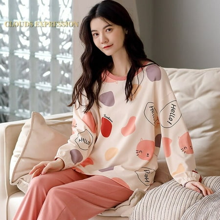 

QWZNDZGR Spring Autumn New 100%Cotton Elegant Women s Pajama Sets Pyjamas Sport Wind Sleepwear Long Pijama Mujer Nightsuit Home Lounge