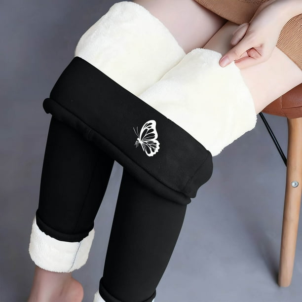 Leggings de lana de cordero gruesa para mujer, pantalones largos con estampado pequeño y forro polar añadido, pantalones de poliéster para mujer