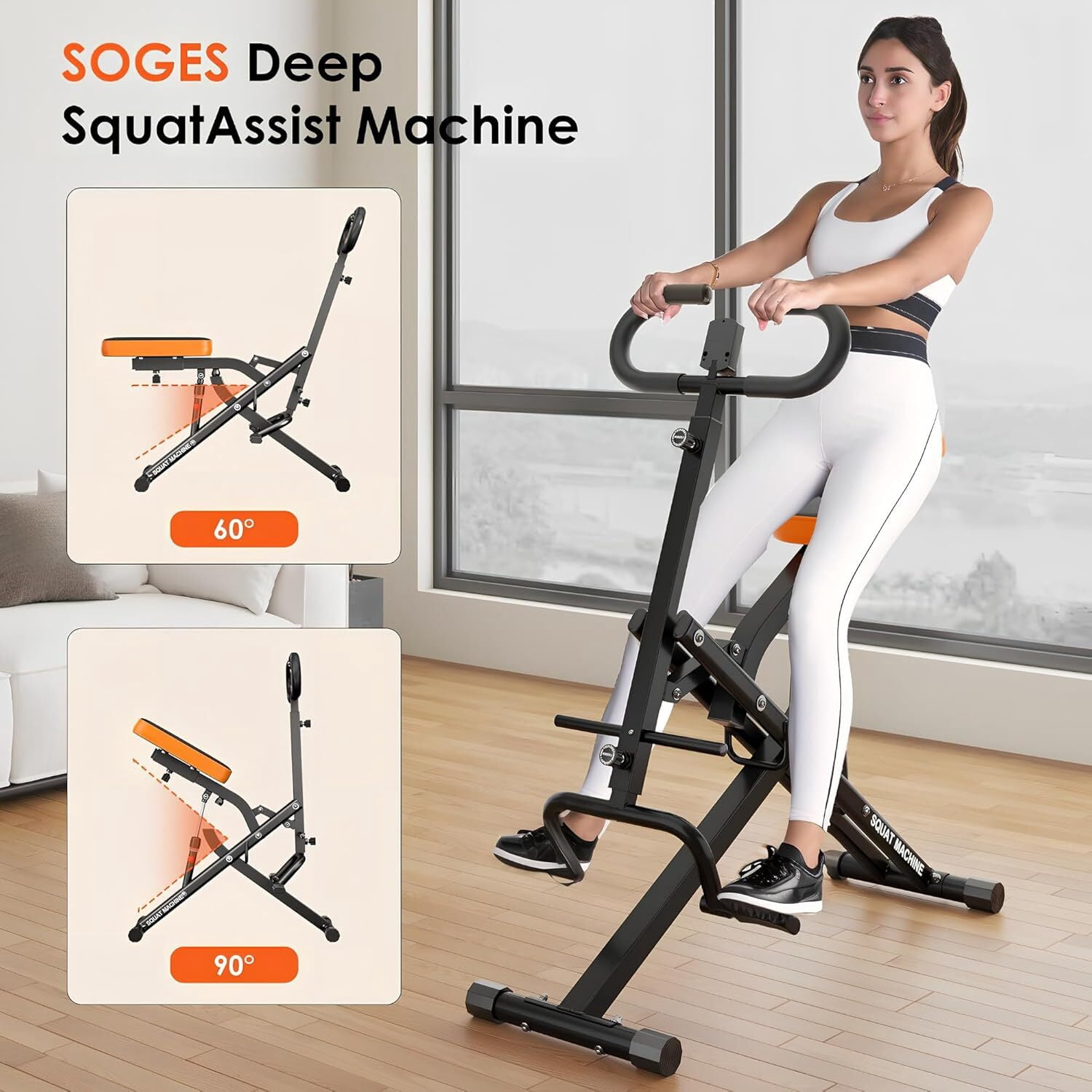 Soges Squat Machine for Home Gym, Foldable Squat Assist Trainer for Glutes Workout, Squat Rowing Machine with Adjustable Resistance and Optional Full Motion, Squat machine for Women, Black-Upgrade