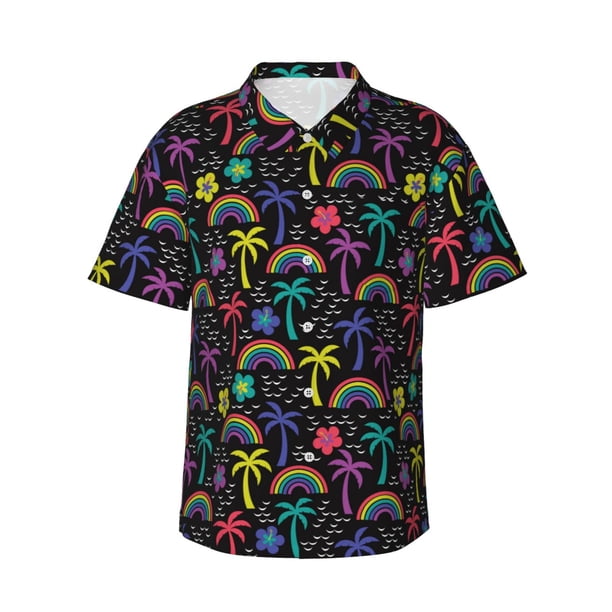 Fotbe Colorful Palms Camisa Hawaiana para Hombre Unisex – Camisa Casual de Verano con Botones de Manga Corta de Algodón y Lino,XX-Large