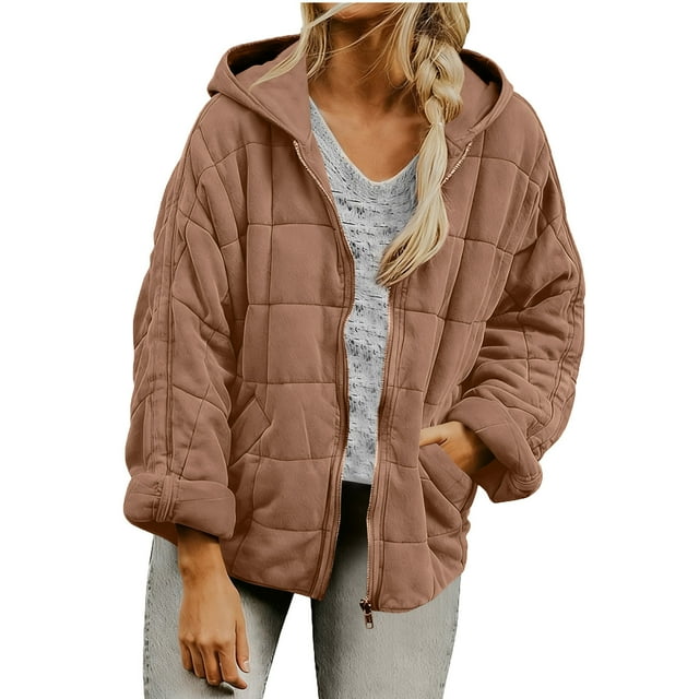 Économies d'Automne/hiver! srobpty Manteau Matelassé à Manches Longues pour Femme, Hauts Unis à Capuche à Manches Longues pour Femme Manteau Rembourré avec Poche Or Rose, TG