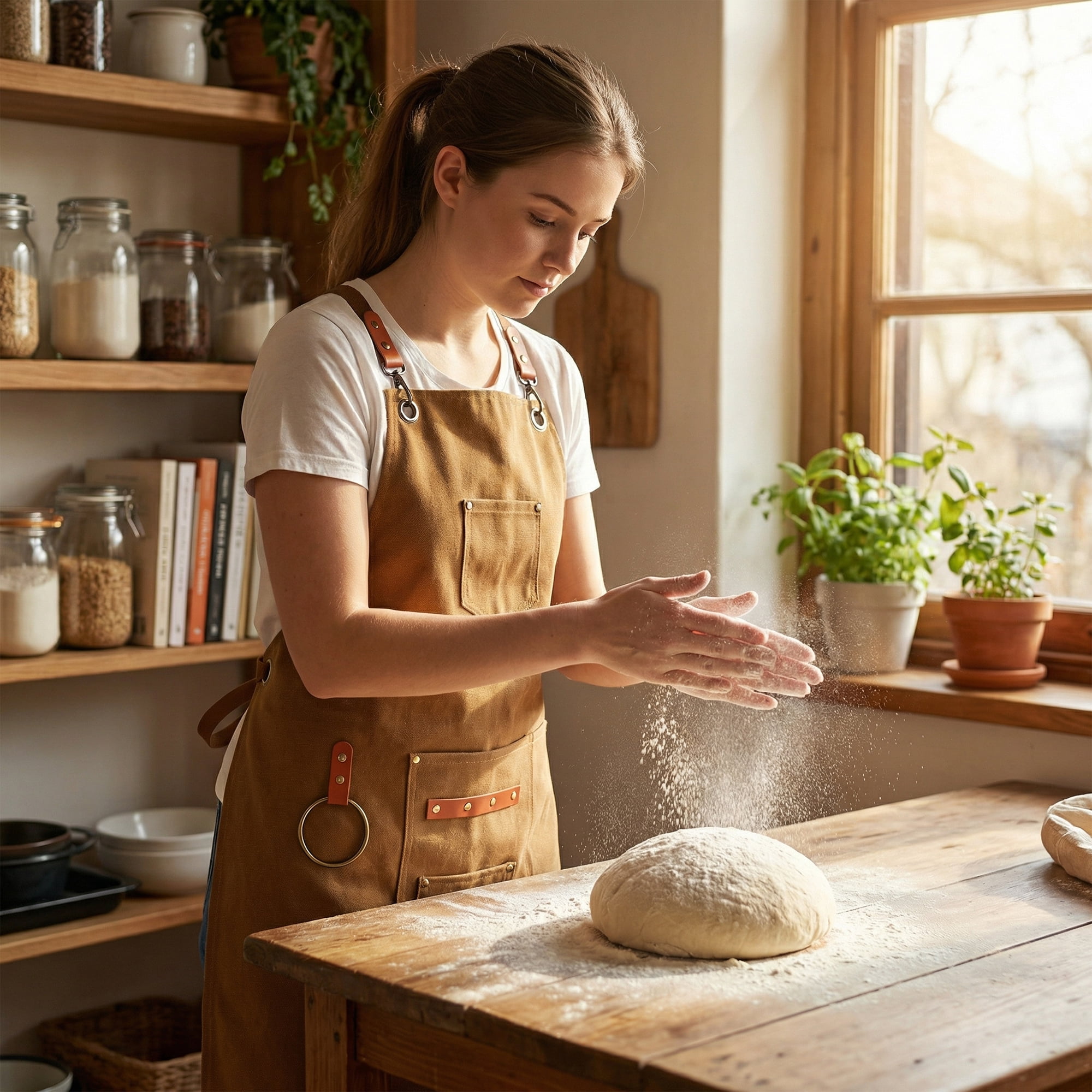 Unique Bargains Adjustable Cooking Apron with Pockets for Home and Kitchen Camel