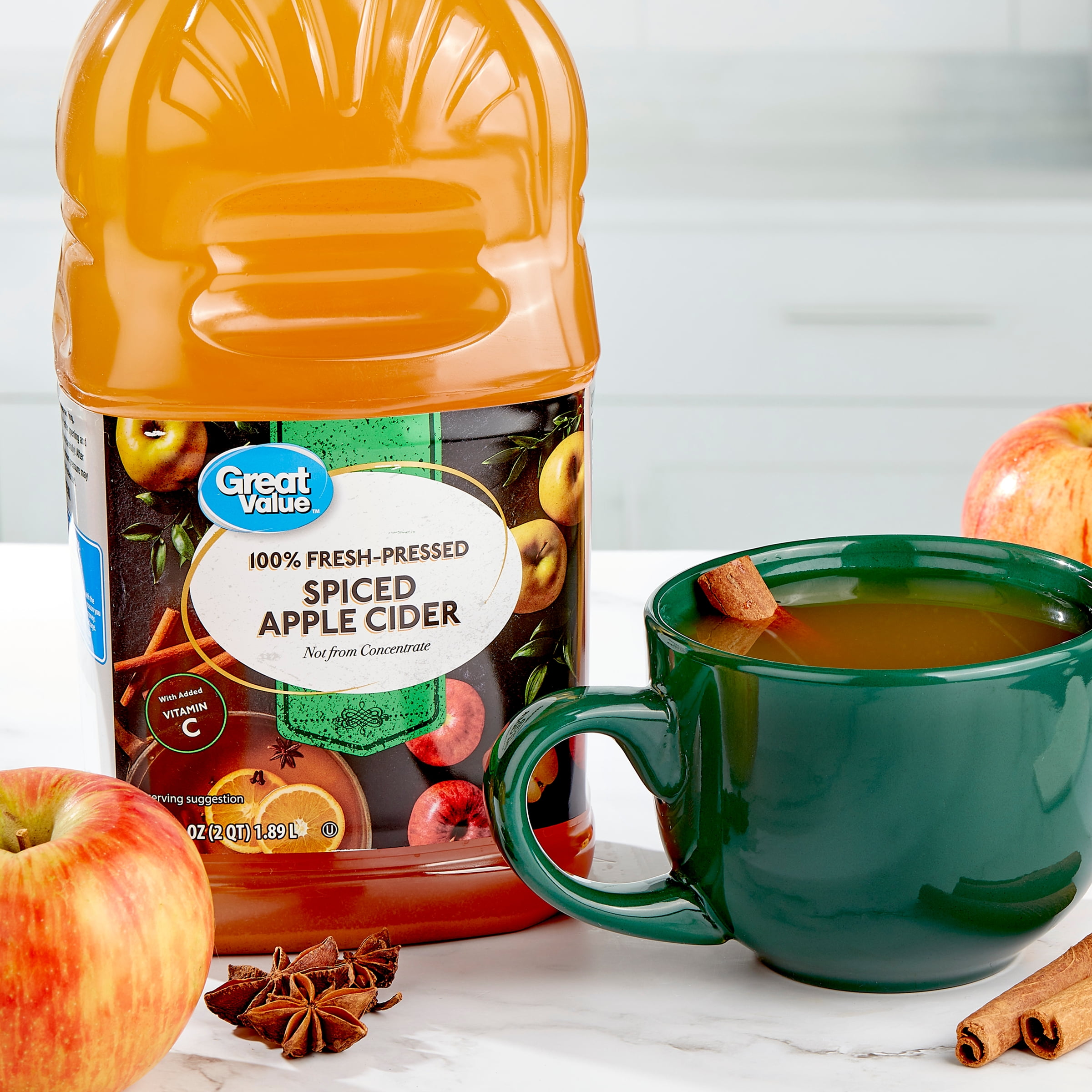 (4 pack) Great Value 100% Fresh-Pressed Spiced Apple Cider, 64 fl oz