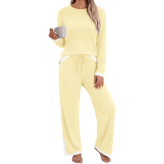 Asklazy Women's 2 Piece Lounge Set Long Sleeve Top and Wide Leg Pants with Pockets Comfy Loungewear Set,Thanksgiving,Apricot,L
