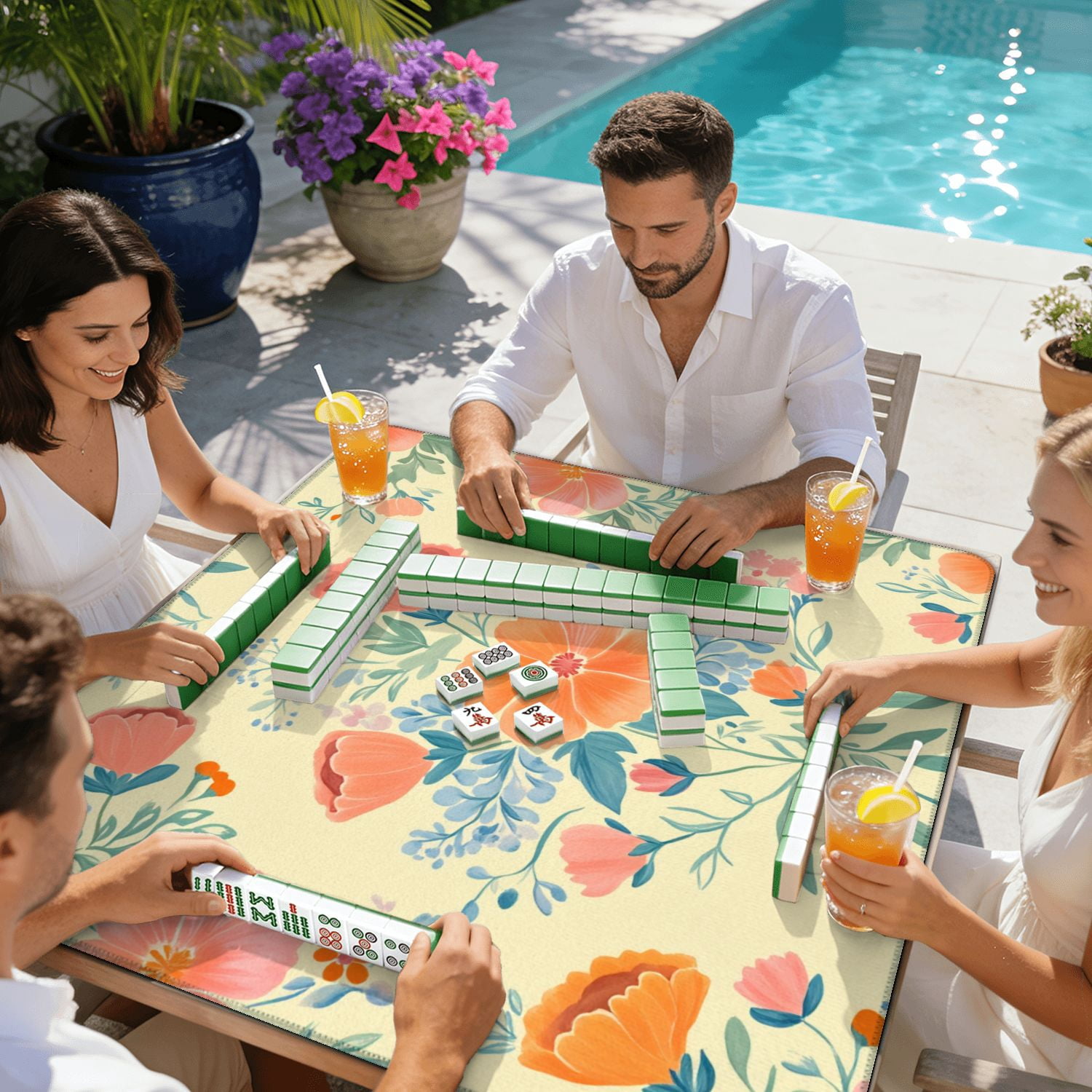 Mahjong Mat 31.5" x 31.5" Seamless Floral Orange Pink Flowers Cream Non-Slip Noise Reduction American Mahjong Tiles Table Cover for Dominoes Poker Card Board Games Gift