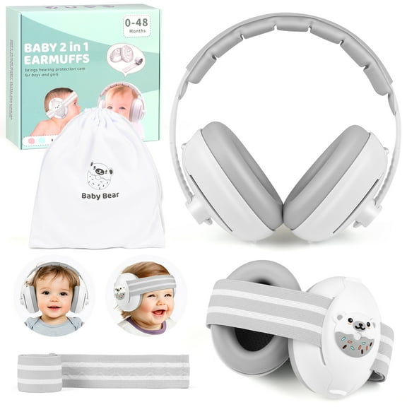 UQN 2-in-1 Baby Ear Muffs Noise Protection, Noise Canceling Headphones for Baby & Toddler 0-36 Months, Adjustable Headband, Hearing Protection Earmuffs in Plane & Improves Sleep - White