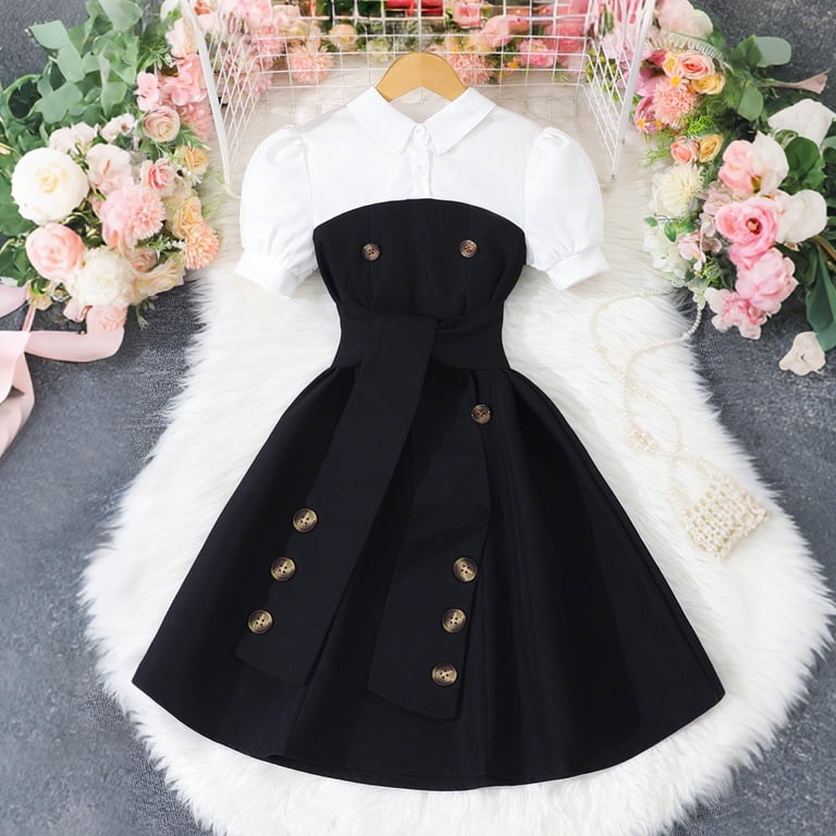 Girl's Short Sleeve Casual Vintage Collar Fit and Flare Skater Party Dress with Pockets Pink 8-9 Years