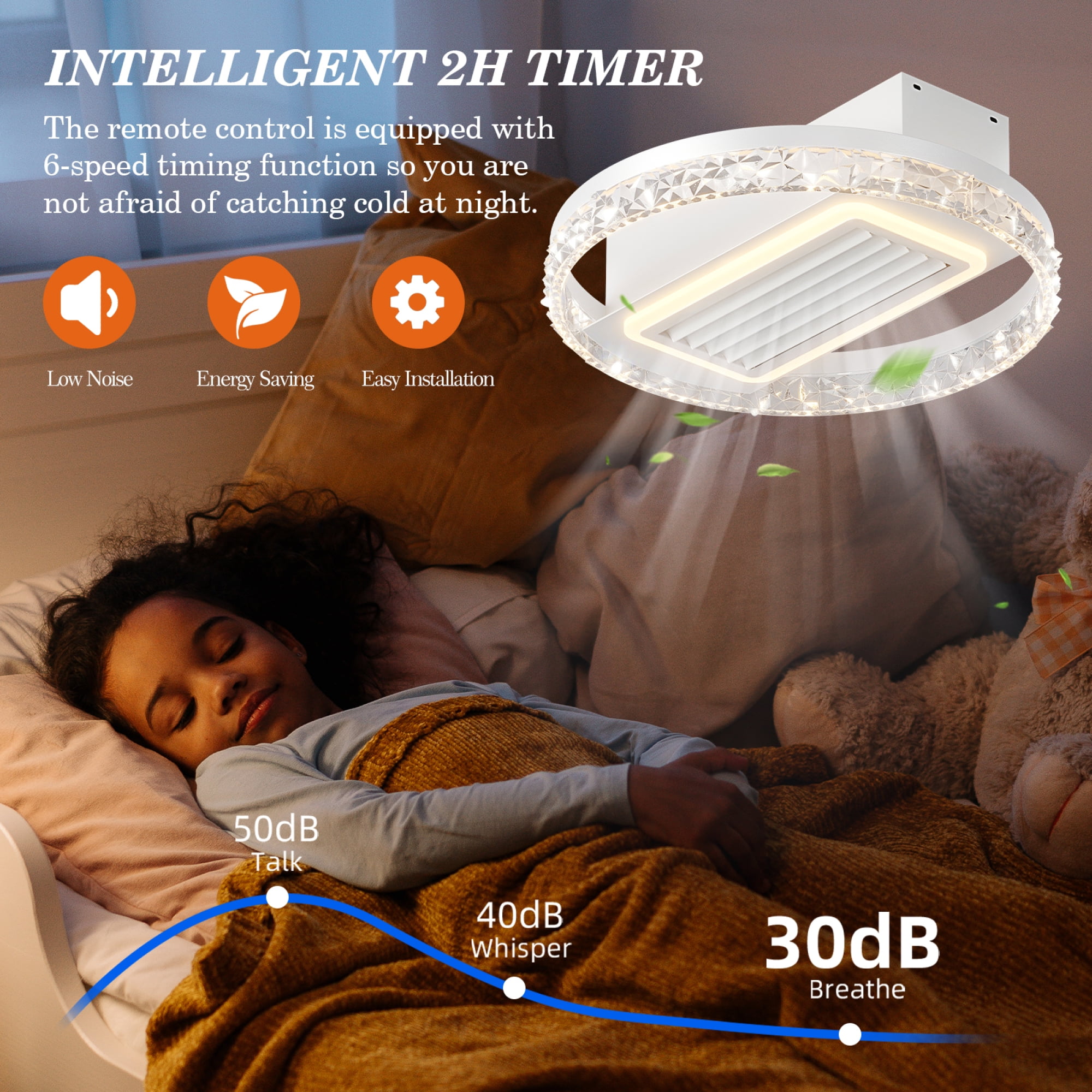 Jopath 20" Bladeless Ceiling Fan Light with Remote Control, Crystal Ceiling Lamp with Air Circulation and Adjustable Brightness for Living Room, Dining Room, or Bedroom, Silent/6-Speed