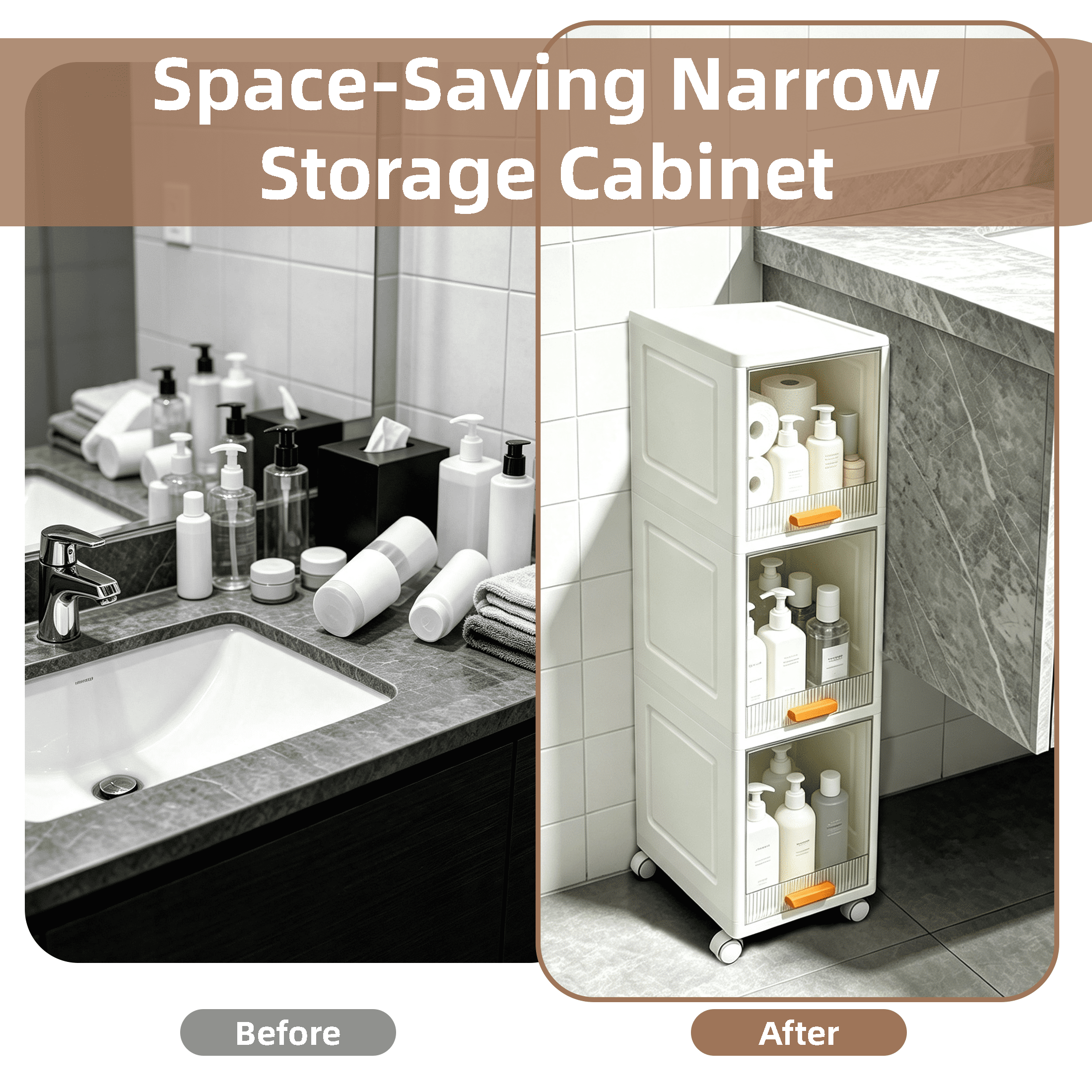 3 Tier Slim Rolling Storage Cabinet, Narrow Plastic Storage Organizer with Flip-Up Doors & Lockable Wheels, Freestanding Thin Storage Cart for Bathroom, Kitchen, Gap Between Refrigerator