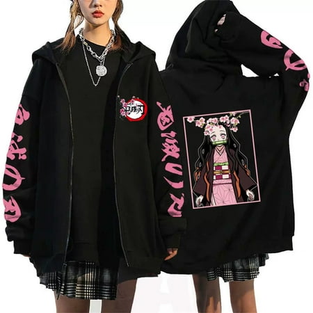 Leveorch Kamado Nezuko Hoodie Jacket Tanjiro Zipper Sweatshirt Anime Nezuko Cosplay Kamado Tanjirou Zipper Novelty Jacket Unisex