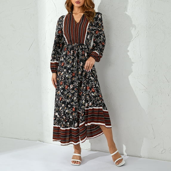 Liacowi Women Boho Long Dresses Geometric Flower Print Puff Sleeve V-neck Slit A-line Dress
