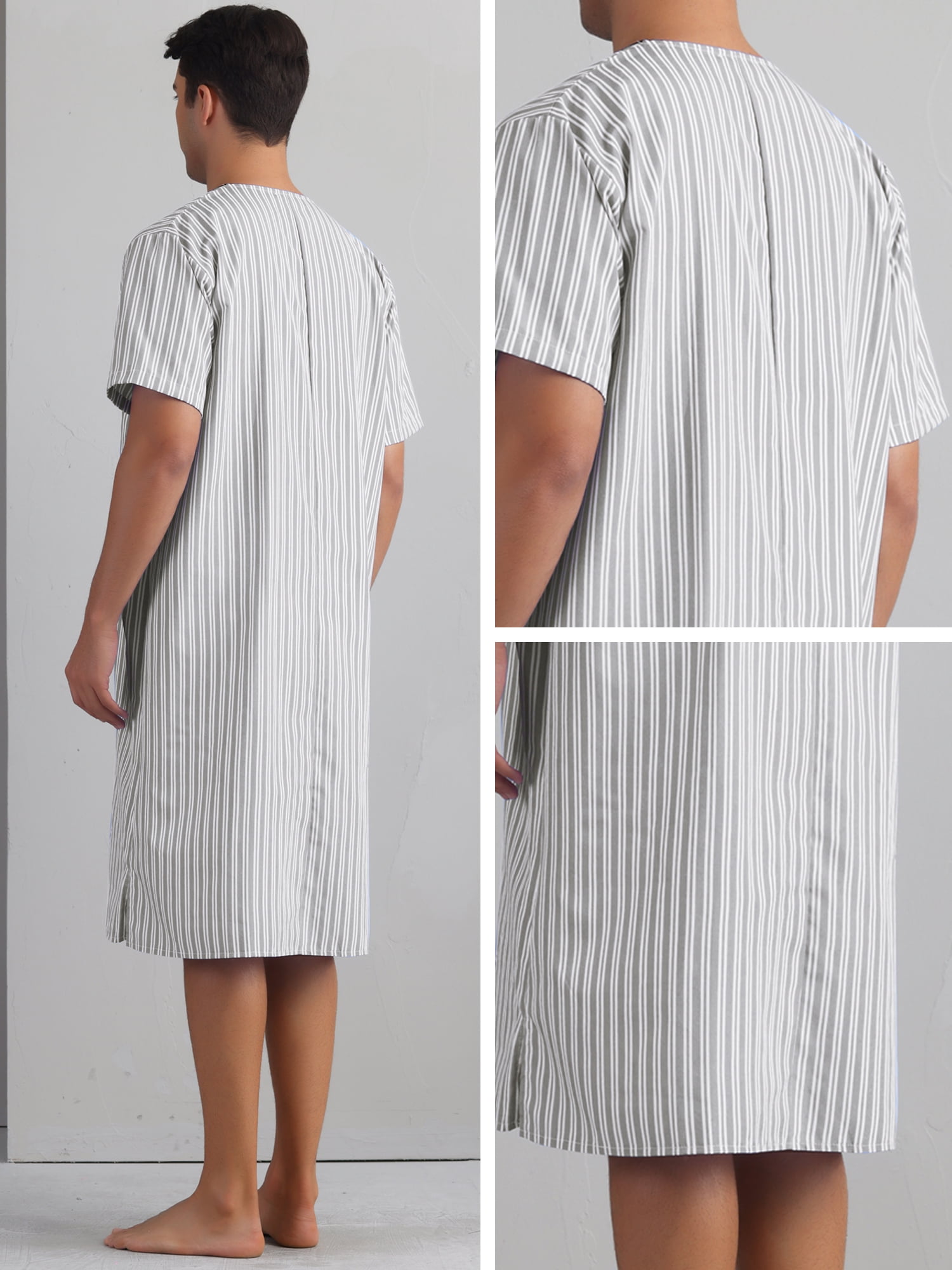 DARING DIVA Men's Short Sleeve Striped V-Neck Button Down Sleep Gown L Gray