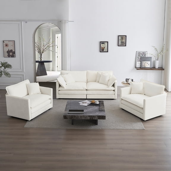CoSoTower 3 Piece Sofa Set with Arm Pillows and Toss Pillows , Sofa Set Include 2- Piece of Arm Chair and One 2-Seat Sofa, Space Saving Casual Sofa Set for Living Room, White Chenille