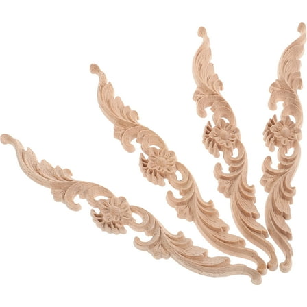Wood Carved Appliques for Decor Unpainted Natural Wood Onlays for Doors Cabinets and Furniture 4 Pieces